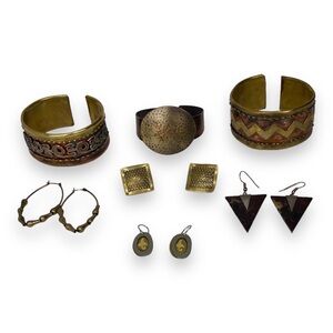VTG Brutalist Artisan Handcrafted Brass Copper Cuff Bracelet Earrings lot